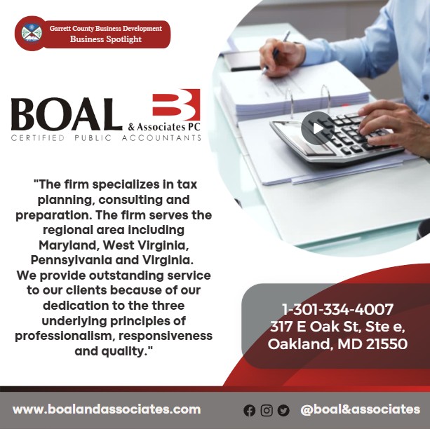 Todays Business Spotlight 📣 is on Boal & Associates PC!
Visit them at www.boalandassociates.com 
Follow us to see more daily Garrett County Business Spotlights!
If you are interested in having your business featured contact Connor Norman at cnorman@garrettcountymd.gov.
#garrettcountymd #businessdevelopment